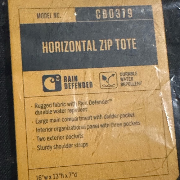 Carhartt Rain Defender Horizontal Zip Tote - Black 16”w X 13”h X 7”d CB0379 - Picture 9 of 9